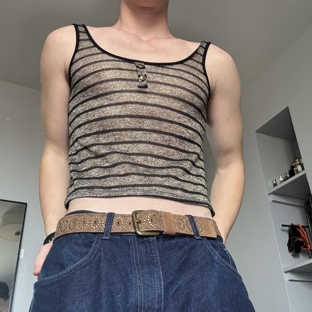 Vintage Unbranded Gold Metallic Lace Back Tie Sheer Net Tank Top Sz S/M